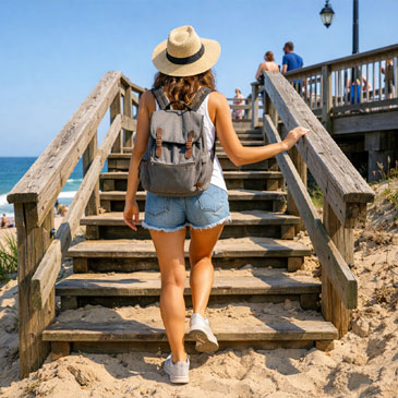 woman walking up steps from the beach to the boardwalk on her journey to healing herself from emotional abuse