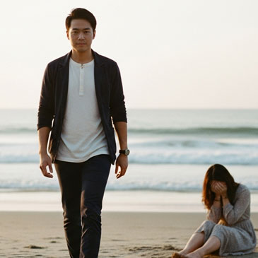 man walking away from woman on beach with woman crying in the background