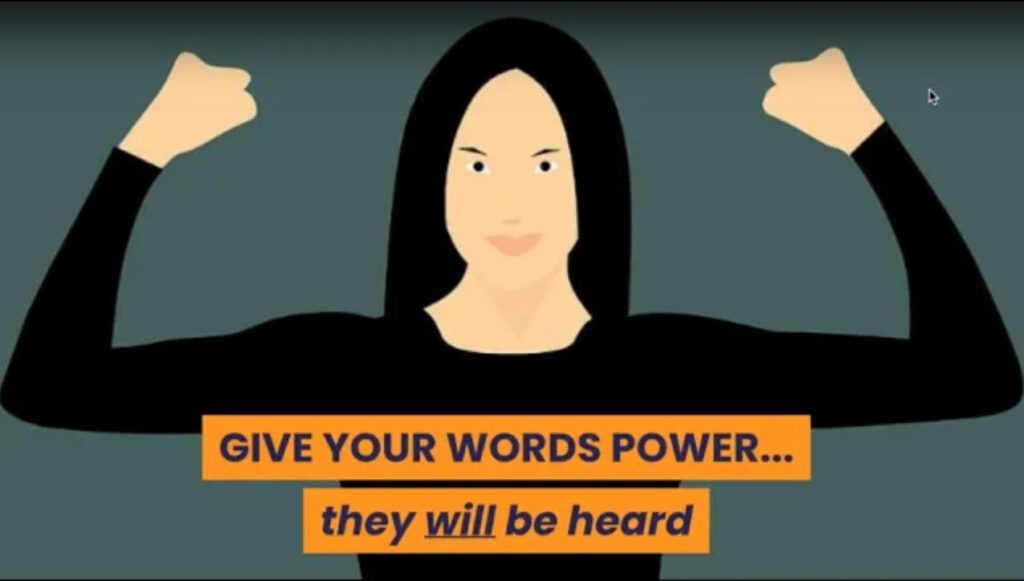 graphic of strong woman give your words power they will be heard
