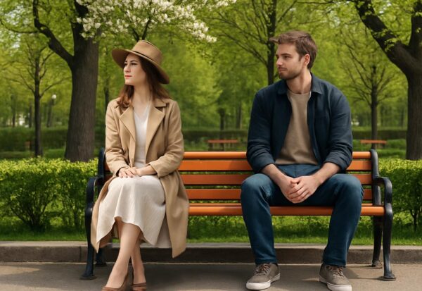 couple in park sitting on the bench looking upset with each other because they have relationship problems
